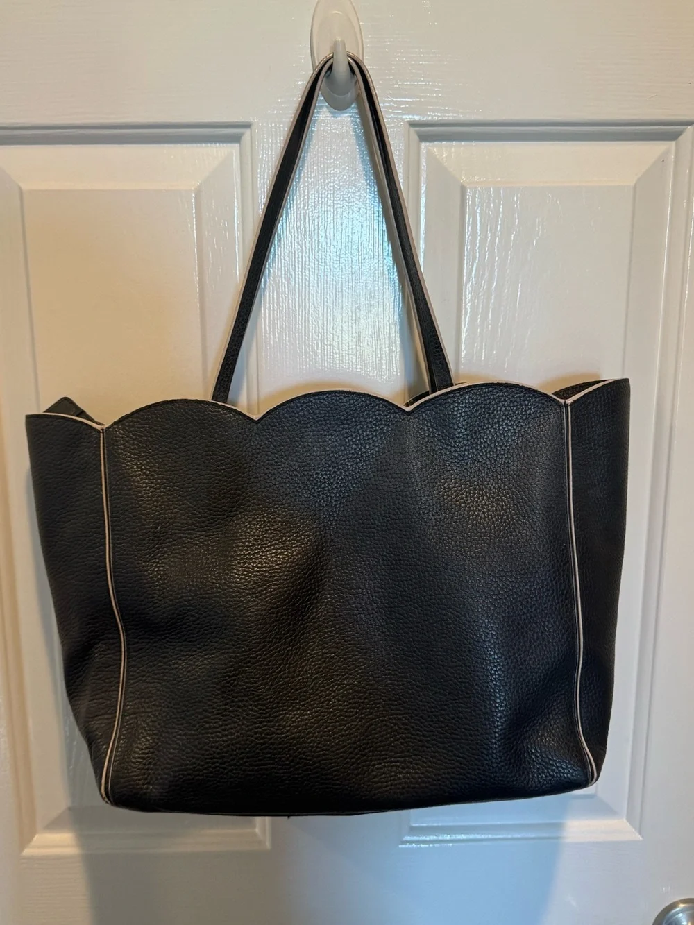 kate spade Dark Navy Pebble Leather Scallop-Top Tote with Cream Trim